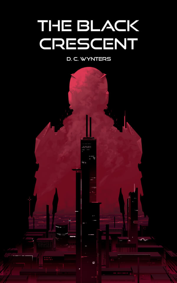 The Black Crescent Cover: A cityscape contained within the red silhouette of a soldier on a black background.