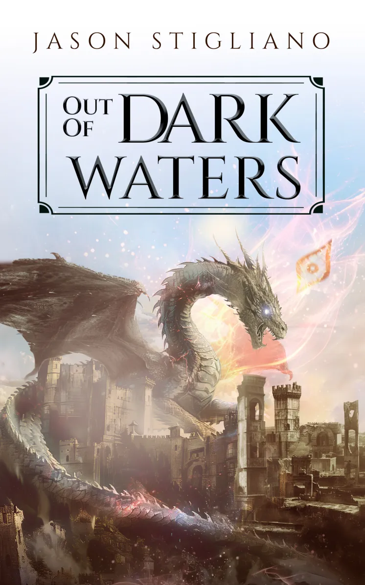 Out of Dark Waters Cover: Dragon standing over city ruins.